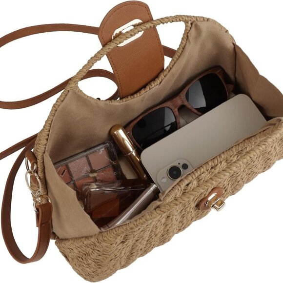 Women Straw Beach Bag Handmade Woven Crossbody Shoulder Bags Top Handle Satchel - Picture 4 of 7